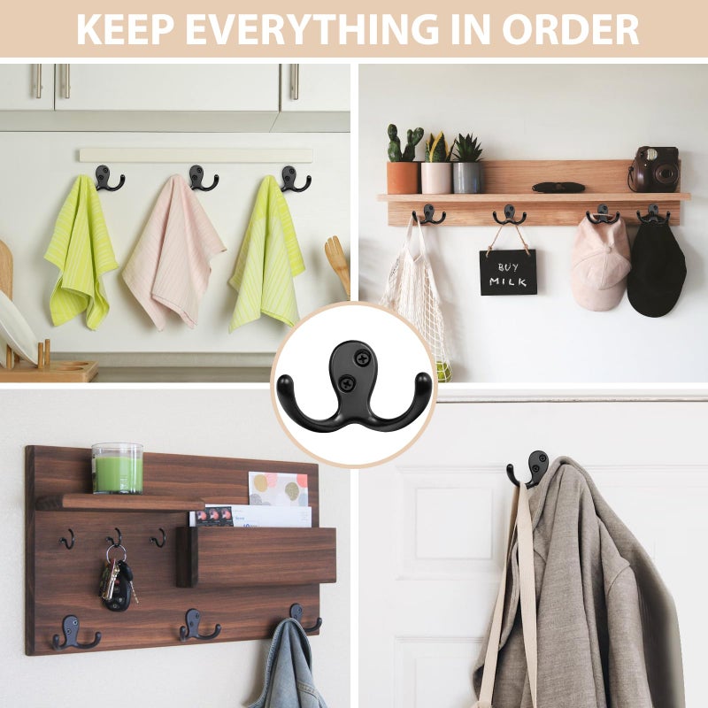 Homanu 14 Pack Coat Hooks, Heavy Duty Double Prong Coat Hooks Wall Mounted with 28 Screws, No Rust Black Coat Hooks for Hanging Towel, Coat, Bag, Hat, Cup, Key - Image 2